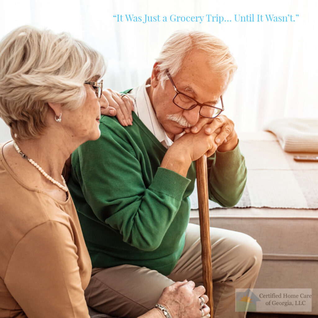 Concerned older couple discussing home care options and Georgia Medicaid programs that may help pay for in-home care services.